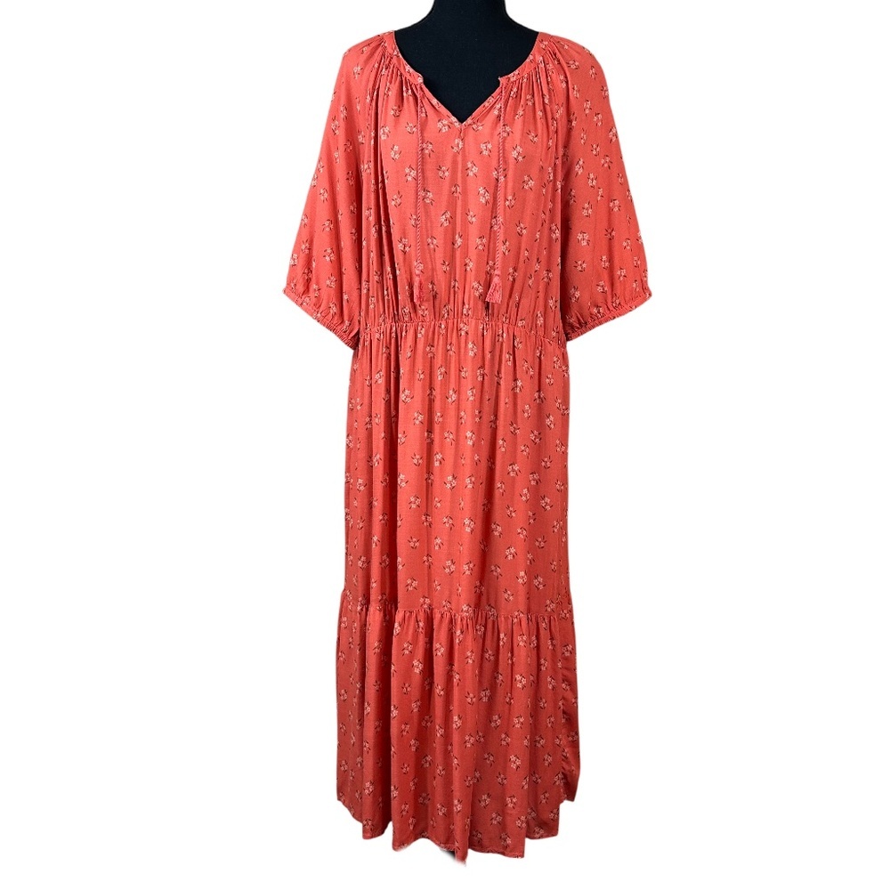 Beachlunchlounge Orange Floral Cottagecore Tiered Peasant Dress Size XL